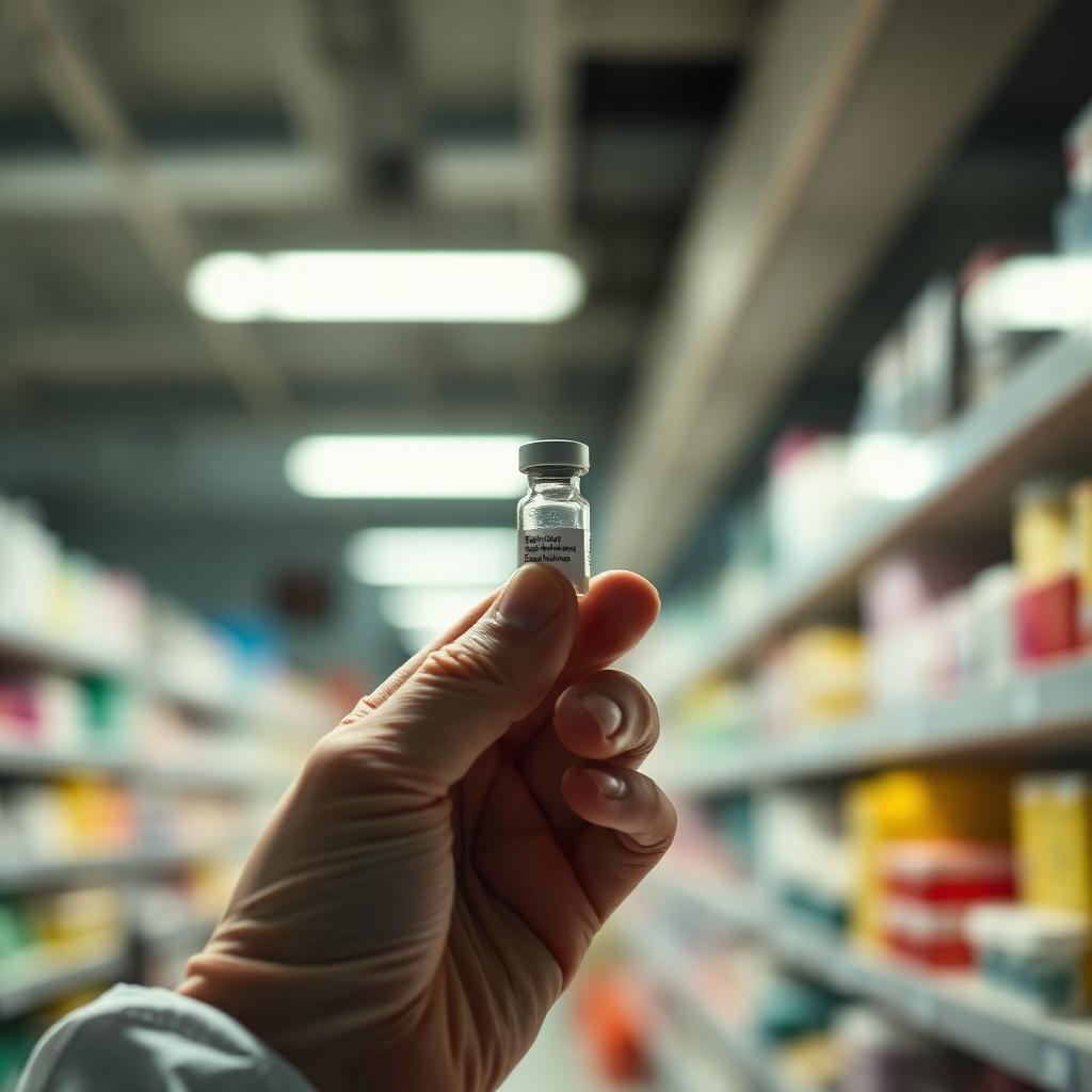 A gloved hand holding a small medication vial in a pharmacy aisle.