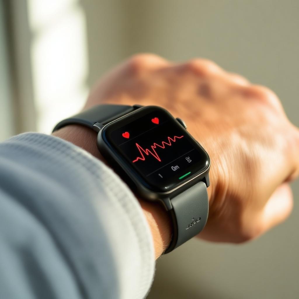 Close-up of a smartwatch on a wrist displaying a heart-rate graph.
