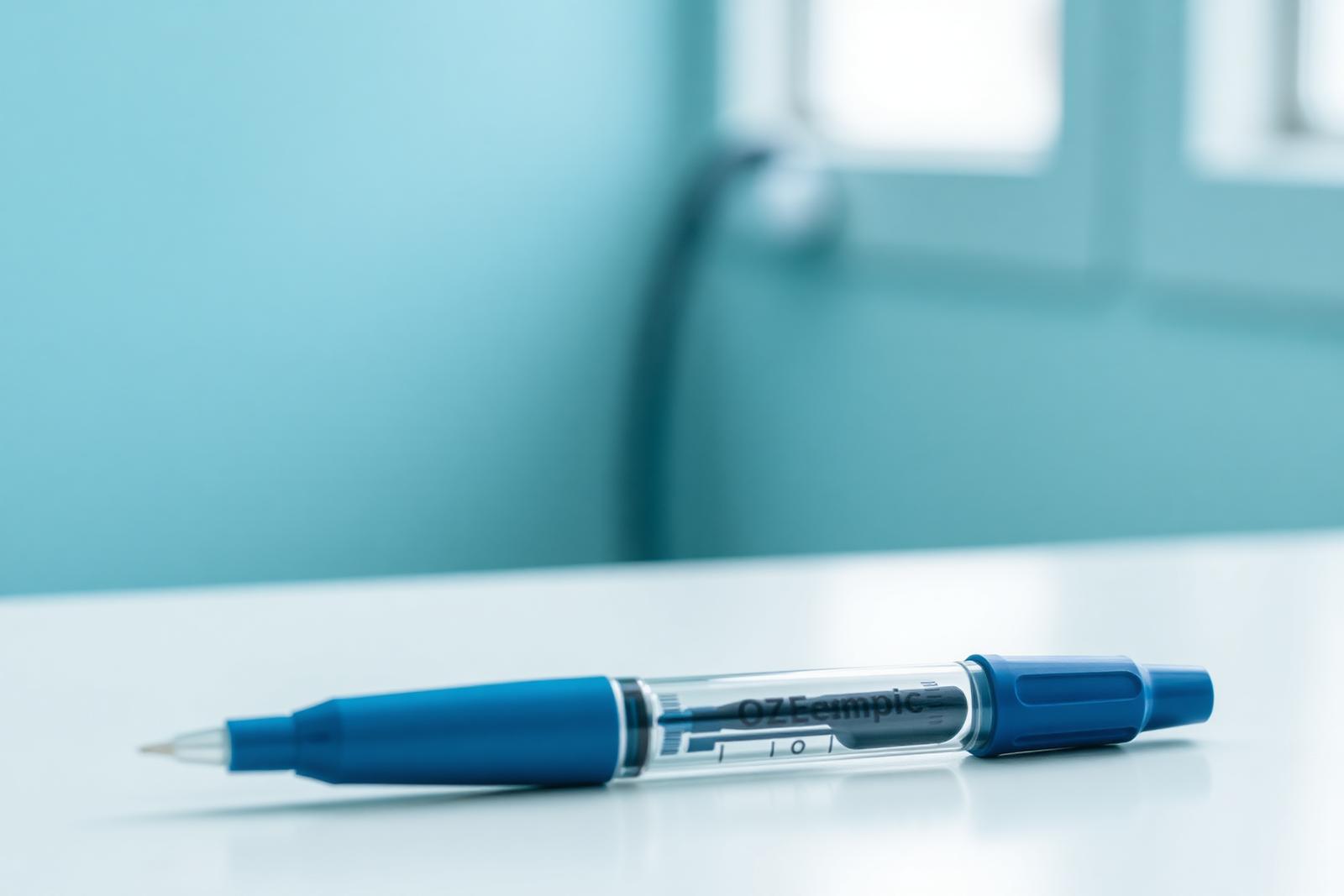 A semaglutide injection pen resting on a clinic countertop in soft window light.